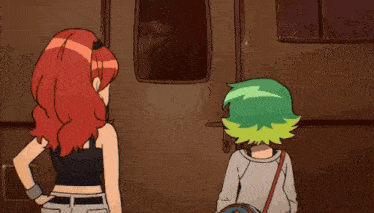 a cartoon of two girls standing next to each other in a doorway .