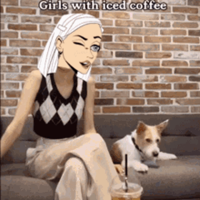 a woman is sitting on a couch with a cup of iced coffee and a dog behind her .