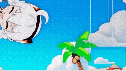 a cartoon character is hanging upside down in the air with a palm tree in the background .