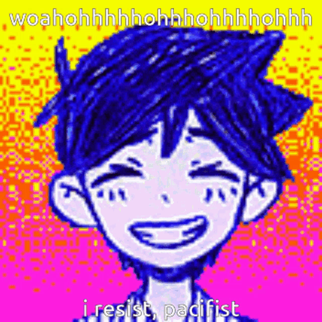 a pixel art of a boy with blue hair smiling and says `` i resist , pacifist '' .