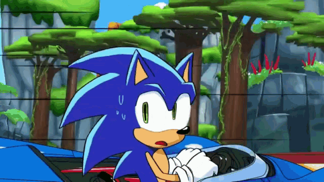 a cartoon of sonic the hedgehog driving a blue car