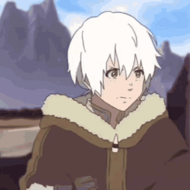 a cartoon character with white hair and a brown jacket is standing in front of mountains .