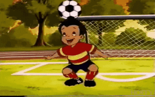 a cartoon boy is kicking a soccer ball in the air .