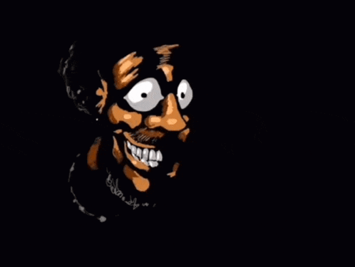 a close up of a cartoon character 's face in the dark with big eyes and teeth .