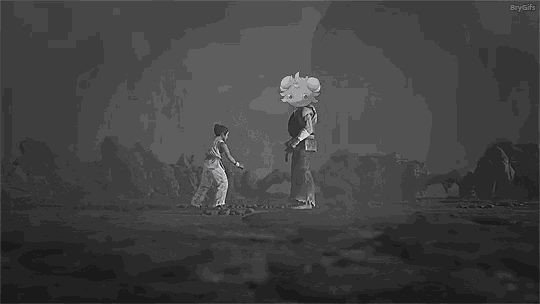 a black and white photo of a man and a cartoon character fighting each other in a video game .