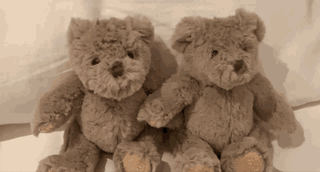 two teddy bears sitting next to each other on a bed .