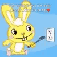 a cartoon of a skeleton bunny holding a toothbrush and plugging it into an outlet .