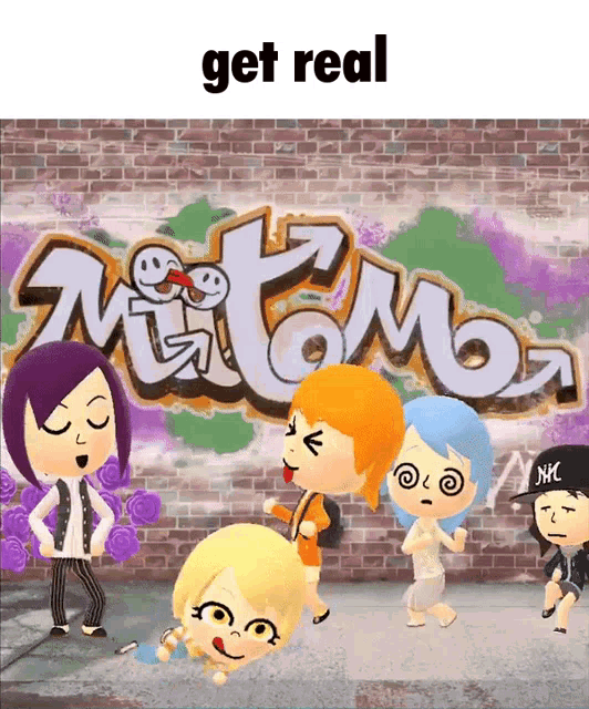 a group of cartoon characters standing in front of a graffiti wall that says mitomo