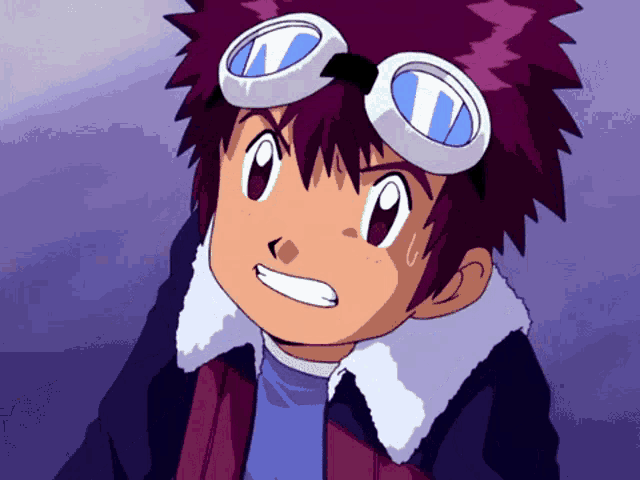 a cartoon character wearing goggles with the letter t on it