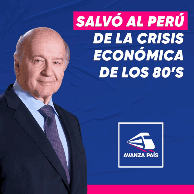 a man in a suit and tie stands in front of a blue background that says salvao al peru