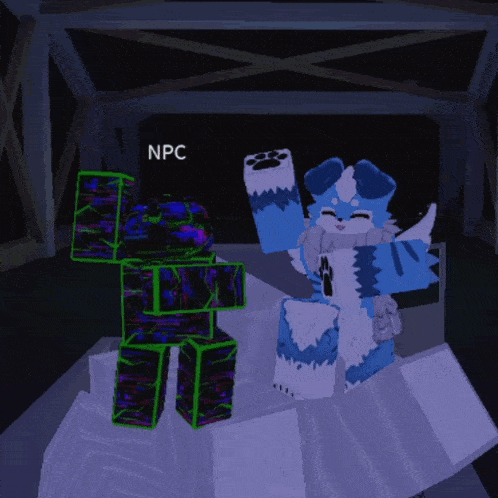 a blue and white furry character is standing next to a purple and green block with npc written on it