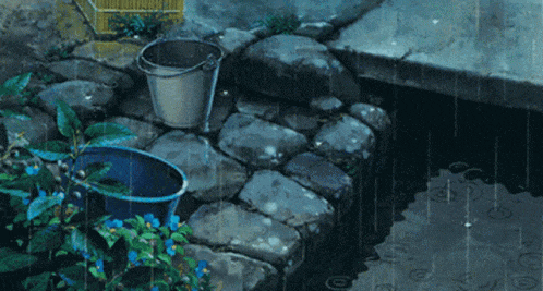 a bucket of water sits on a stone wall next to a pond