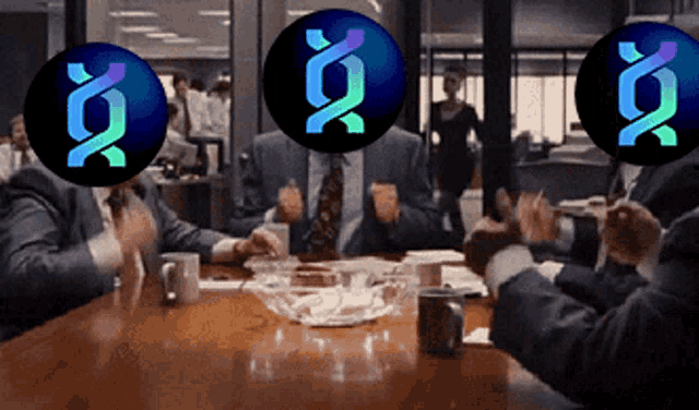 a group of people sitting around a table with circles on their faces that say x and y