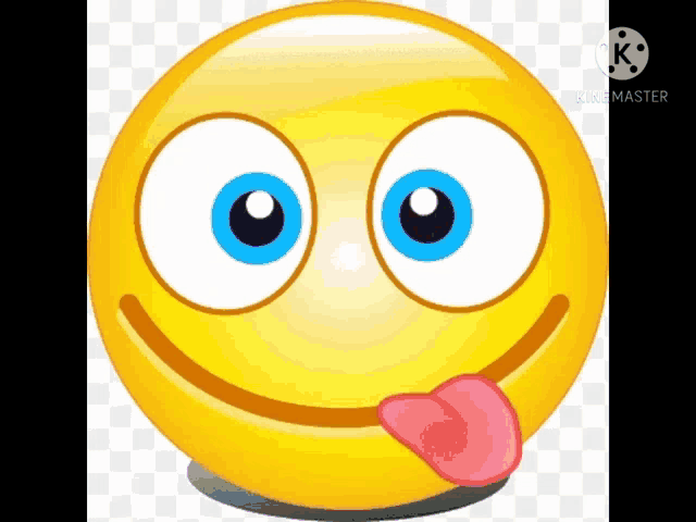 a cartoon smiley face with big blue eyes sticking out its tongue