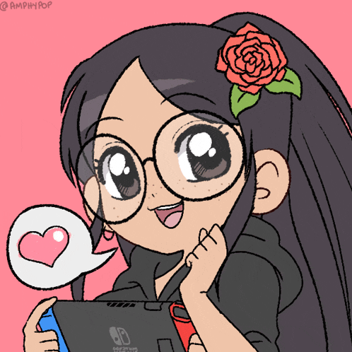 a drawing of a girl with glasses holding a nintendo switch