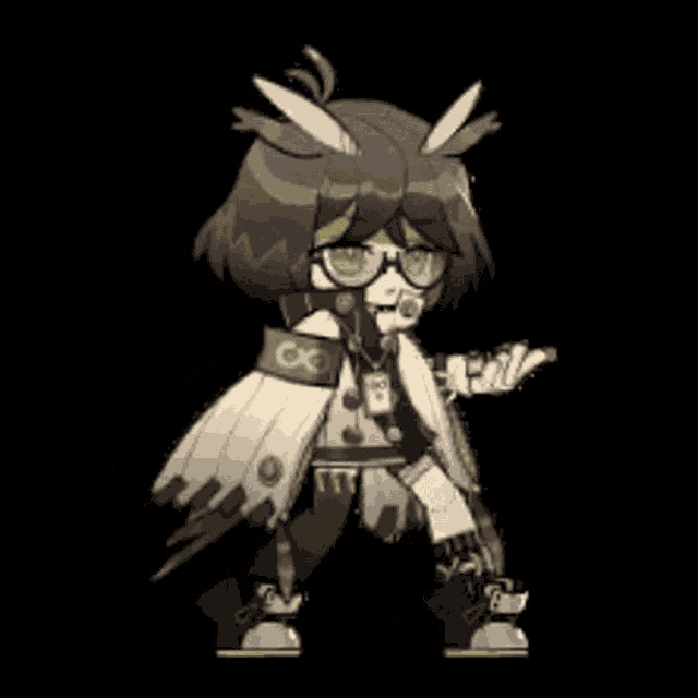 a cartoon drawing of a girl with glasses and horns holding a sword