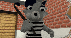 a cartoon cat is holding a cane and standing in front of a brick wall