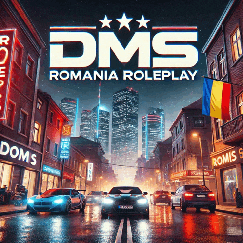 a poster for dms romania roleplay shows cars driving down a street