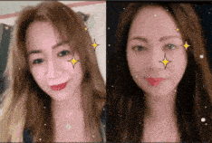two pictures of a woman 's face with stars on them