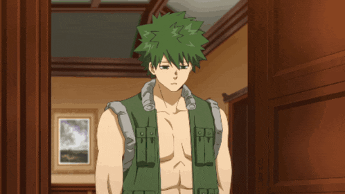a shirtless anime character with green hair stands in a doorway