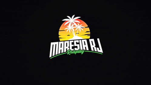 a logo for maresia rj roleplay with palm trees and a sunset
