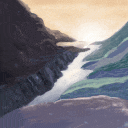 a painting of a river flowing through a mountain valley