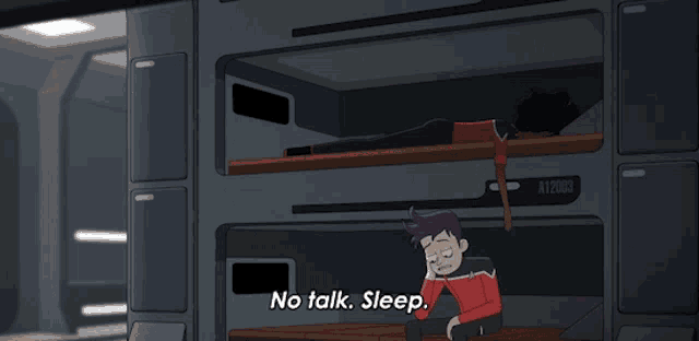 a cartoon of a man talking on a cell phone with the words no talk sleep below him