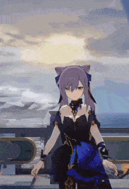 a purple haired anime girl in a blue dress is standing on a balcony holding a bow .