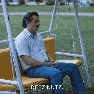 a man is sitting on a swing in a park and says deez nuts .