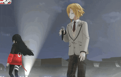 a man in a suit is singing into a microphone while a girl in a red jacket stands behind him