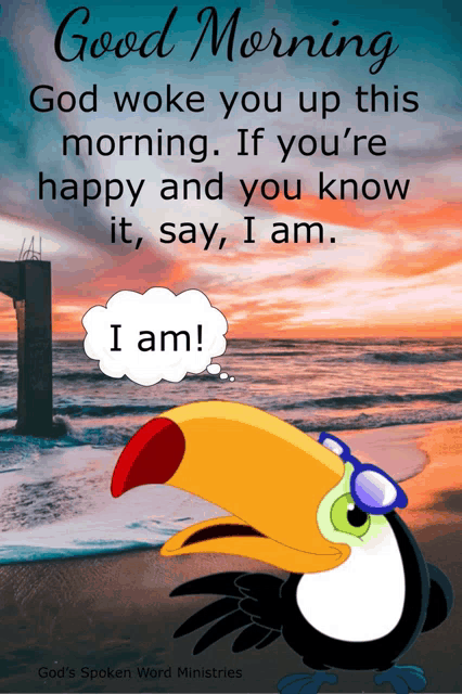 a cartoon of a toucan with a speech bubble that says i am