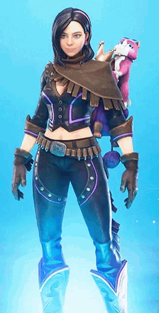 a woman in a costume with a stuffed animal on her back is standing on a blue background .