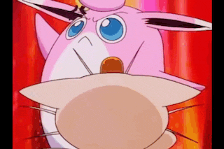 a pink cartoon character is standing next to a brown cartoon character in a red background .
