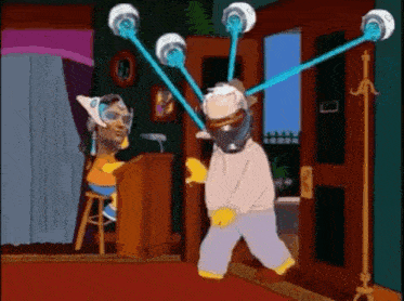 a cartoon of a man wearing a gas mask standing in front of a door with lasers coming out of it .