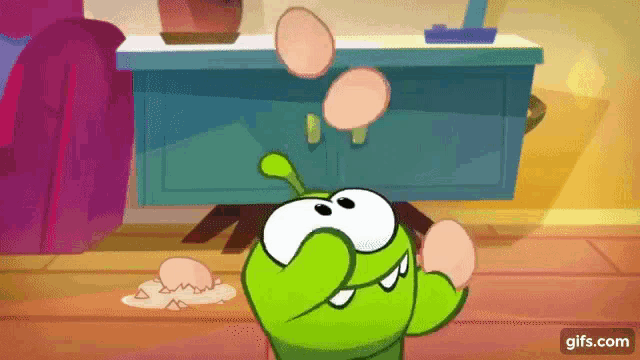 a cartoon character with eggs coming out of his mouth
