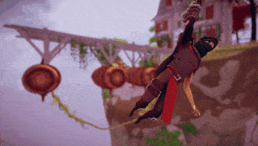 a cartoon character is flying through the air with lanterns in the background