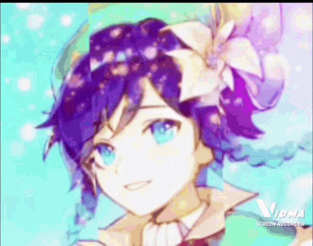 a drawing of a girl with purple hair and blue eyes .