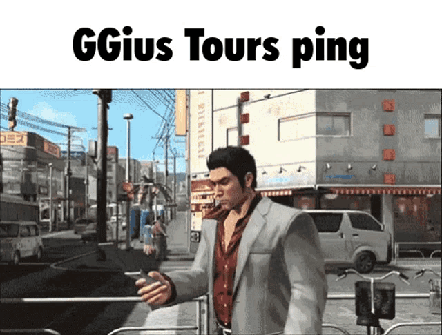 a man in a suit is walking down a street with ggius tours ping written on the bottom