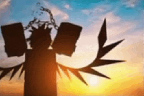 a silhouette of a person with chains around their neck holding a sword .