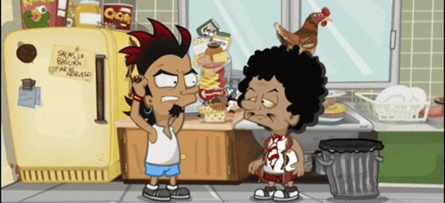 two cartoon characters are standing in front of a fridge that has a sign on it that says ' salsa la bachaca '