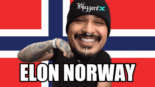 a man wearing a black beanie with the name elon norway written on it