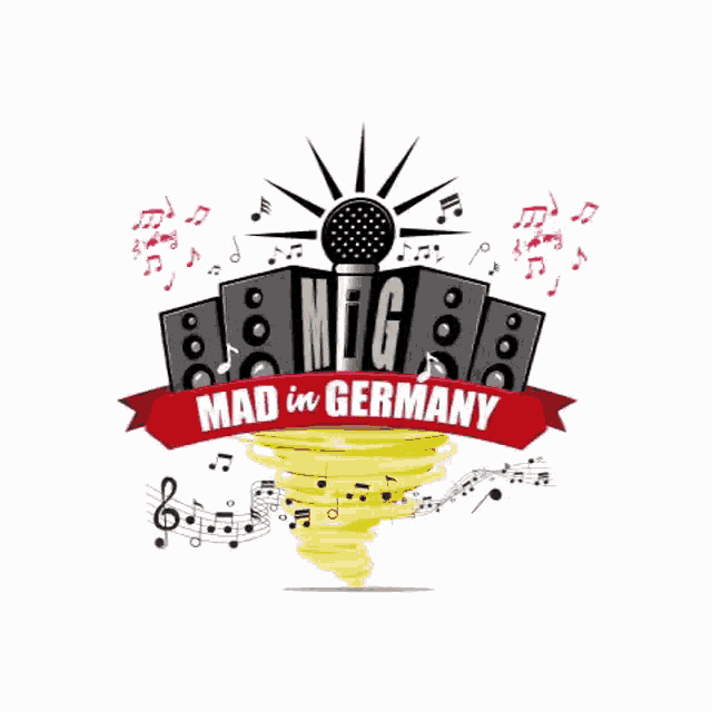 a logo for a company called mad in germany with a microphone , speakers , and musical notes .