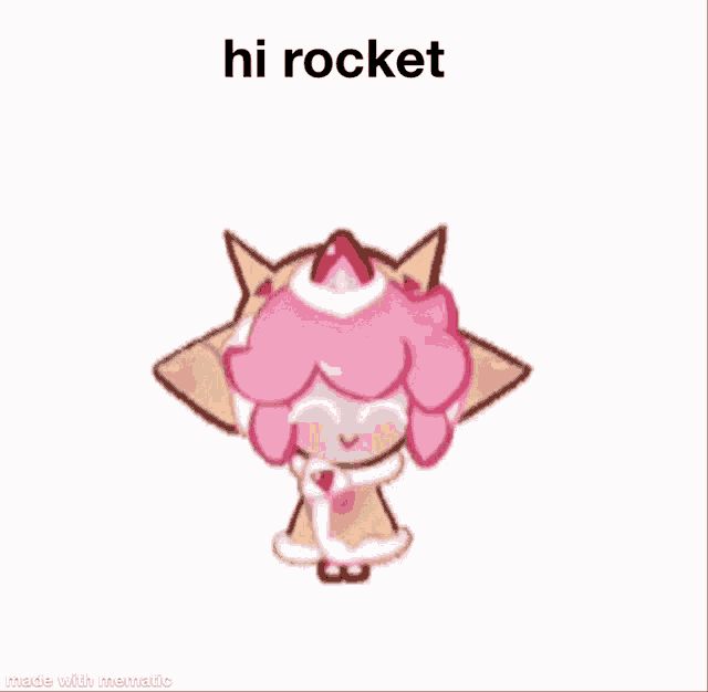 a strawberry shortcake cookie from cookie run with a strawberry on her head and the words `` hi rocket '' on the bottom .