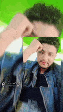 a man with a beard and a blue jacket has a green background behind him and the word happiness is on the bottom right corner