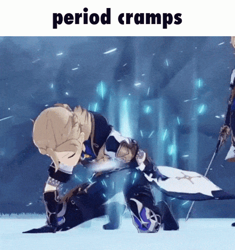 a cartoon character is kneeling down with the words period cramps written above him