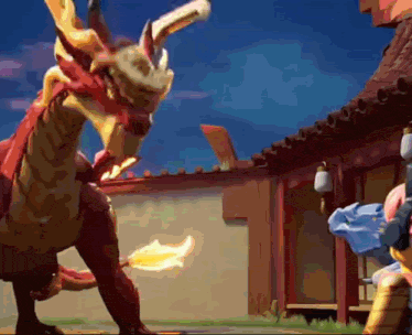 a dragon is standing in front of a building with a flame coming out of its tail