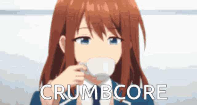 a girl is drinking from a cup with the word crumbcore written on the bottom