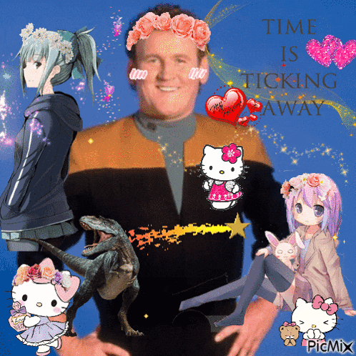a man in a hello kitty jacket is surrounded by cartoon characters and the words time is ticking away
