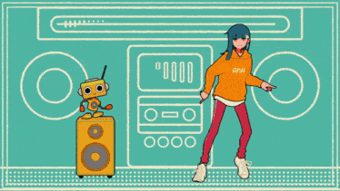 a girl wearing a hoodie that says ana is standing next to a robot