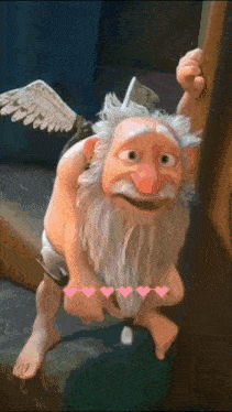 a cartoon character with a beard and wings holding a fan